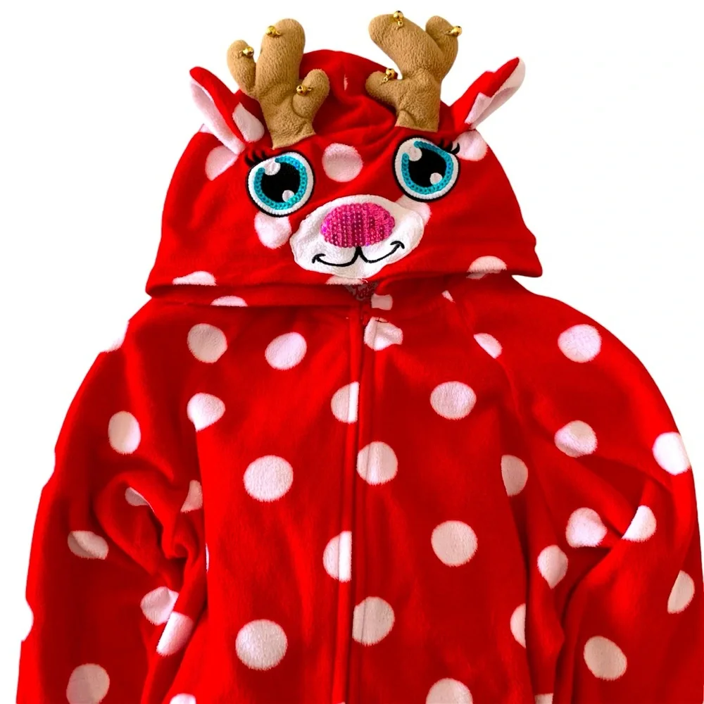 JUSTICE Girls Polka Dot Red Holiday Reindeer Hooded Zipper Bodysuit Footed P…